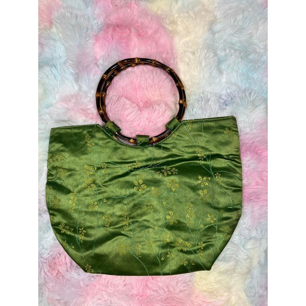 Vintage Green Satin Floral Bamboo Handle Bag Small Handbag - Picture 2 of 11